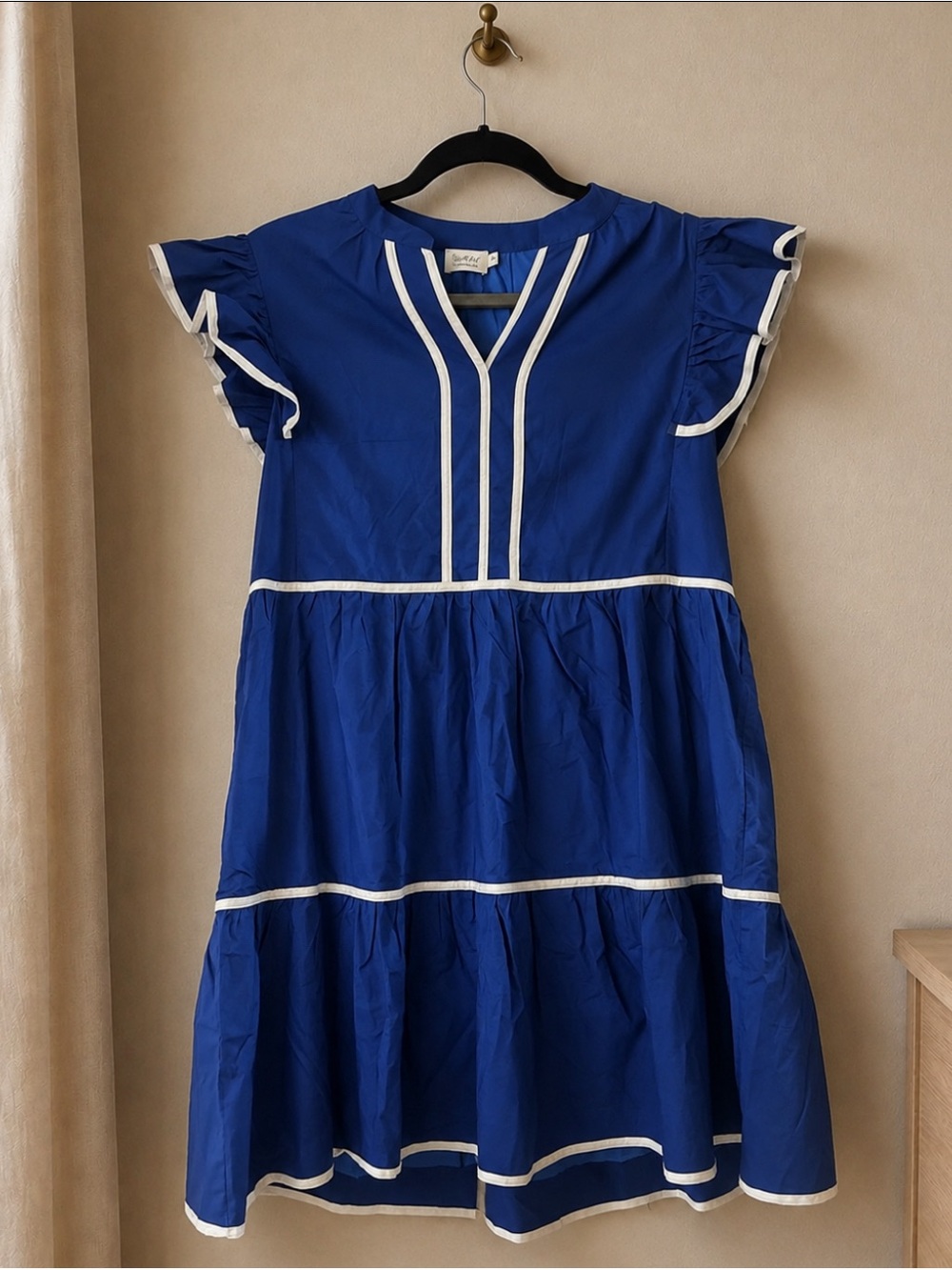Women's Royal Blue Tiered Midi Dress with White Trim